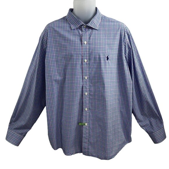 POLO Ralph Lauren XXL Gingham Plaid Twill Dress Shirt 100% Cotton Button Up Logo - Picture 1 of 16